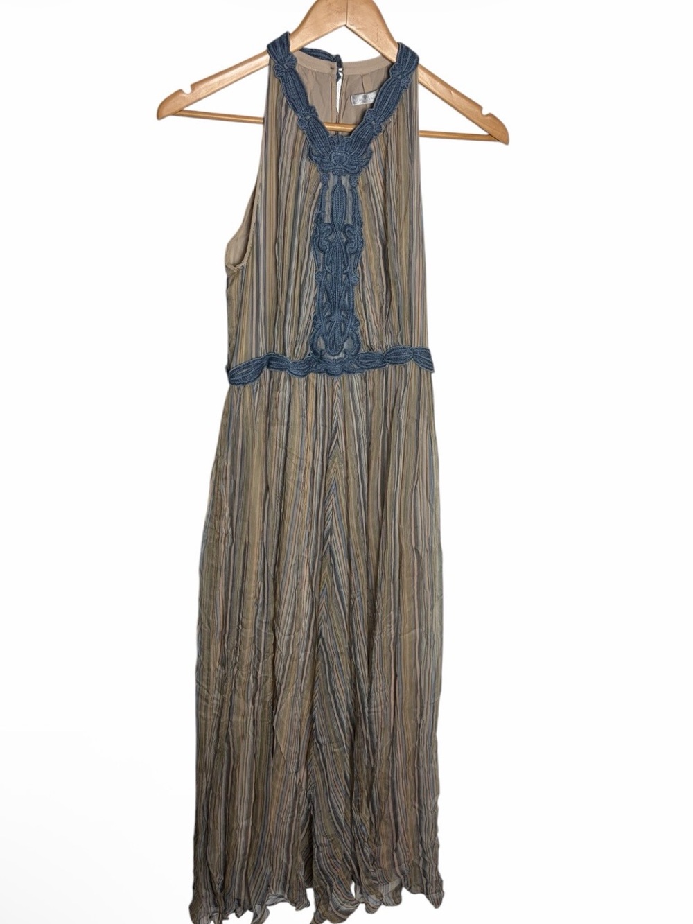 Badgley Mischa blue & tan striped silk Grecian style maxi dress fits like Size M
